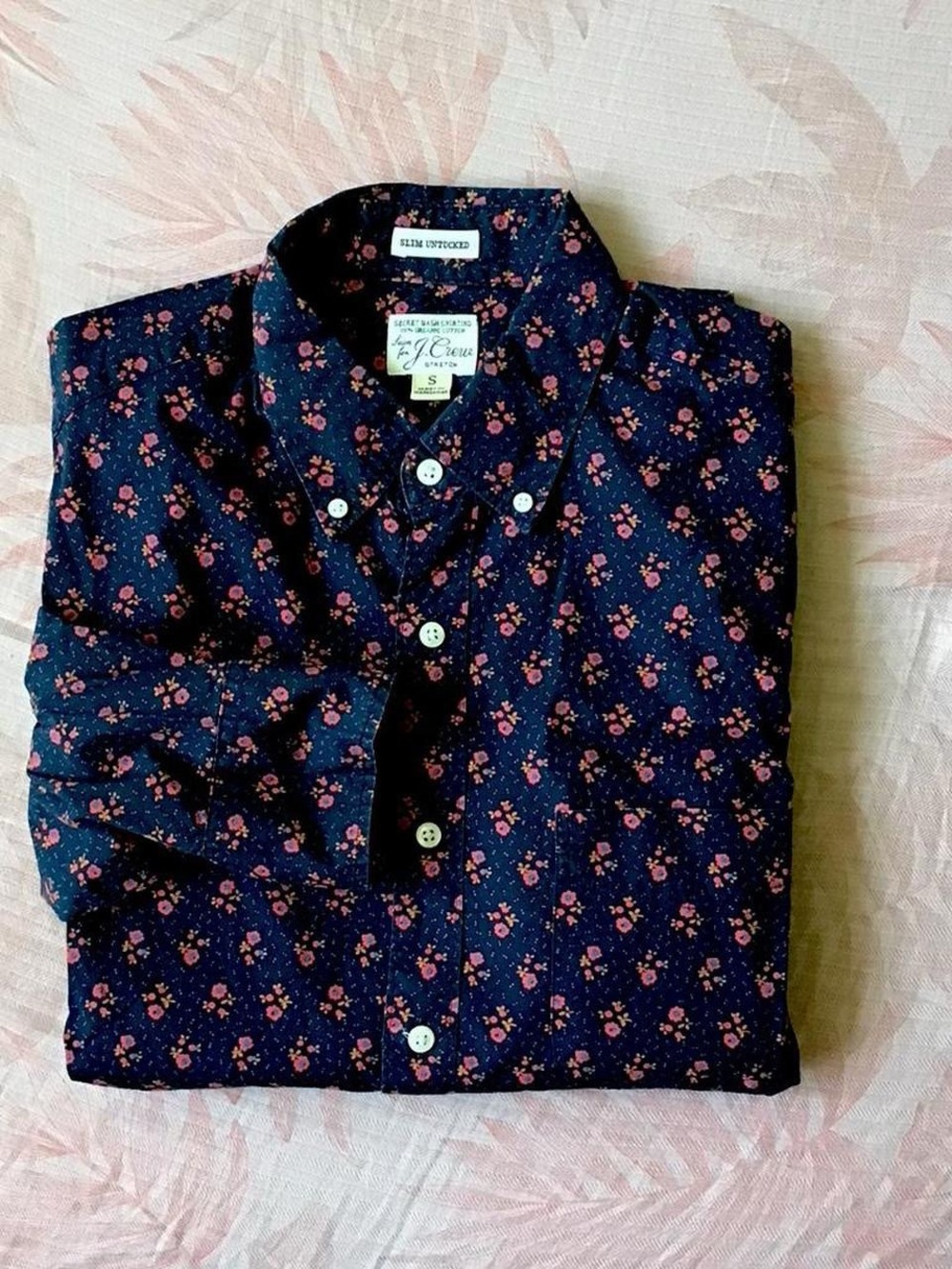 J. Crew Slim Untucked Men's Navy Floral Button-Down Shirt - Small Organic Cotton